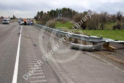 Automoblie accident scene with skid marks on the interstate near Jerome, Idaho.