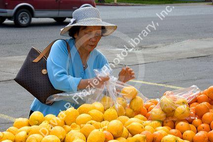 A vVetnamese woman purchasing lemons and oranges at a roadside fruit stand in Morgan Hill, California.
