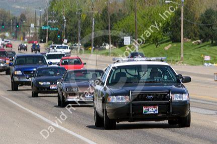 Police car in traffic on Eagle Road in Eagle, Idaho.