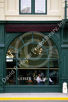 Exterior window of the Geiser Grand Hotel in Baker, Oregon.