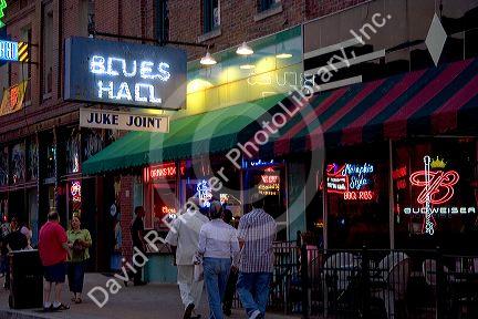 Blues Clubs and neon signs on Beale Street in Memphis, Tennessee.