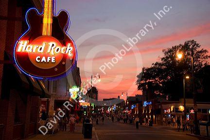The Hard  Rock Cafe neon sign on Beale Street in Memphis, Tennessee.