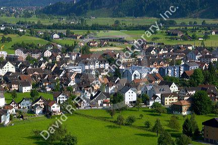 A view of Walenstadt with the Swiss Alps in the background.