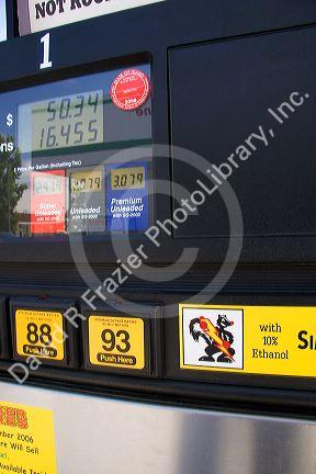 An ethanol gasoline pump and gas prices at a Stinker Station in Boise, Idaho.