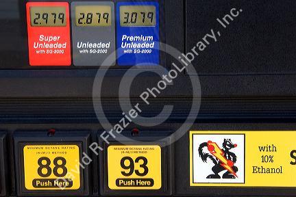 An ethanol gasoline pump and gas prices at a Stinker Station in Boise, Idaho.