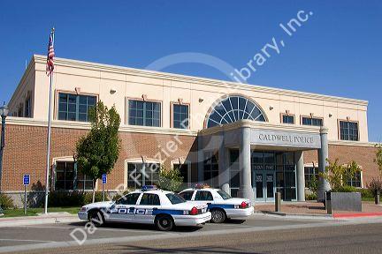 Police cars parked in front of the police headquarters in Caldwell, Idaho.