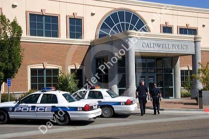 Police cars parked in front of the police headquarters in Caldwell, Idaho.