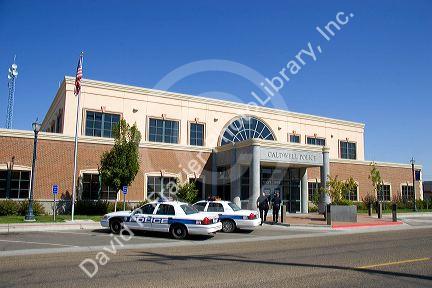 Police cars parked in front of the police headquarters in Caldwell, Idaho.