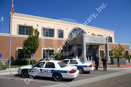 Police cars parked in front of the police headquarters in Caldwell, Idaho.