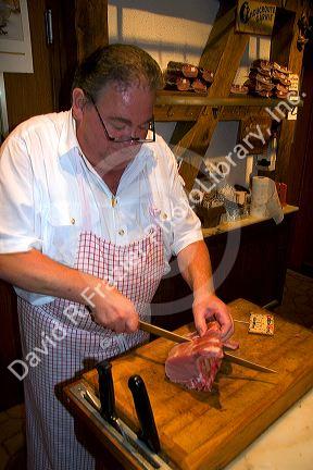 A french butcher in the village of Ribeauville, Eastern France.