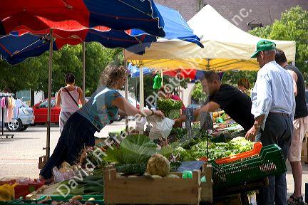 People shop at an open air market in Neuf-Brisach, France.