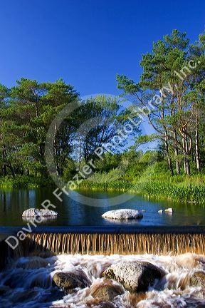 Water flows over a small dam at a mill near Barrington, Nova Scotia, Canada.