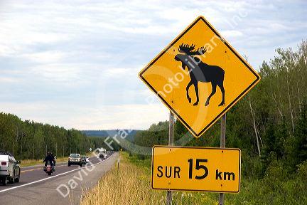 Moose crossing road sign along highway 189 in South East Quebec, Canada.