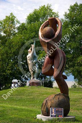 Wood sculptures at Parc des Trois Berets in the village of St.-Jean-Port-Joli along the St. Lawrence River, Quebec, Canada.