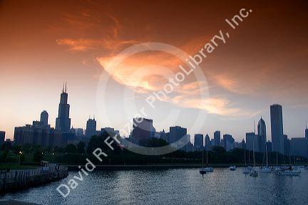 Chicago skyline at sunset, Illinois.