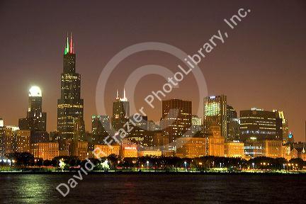 Chicago skyline at night, Illinois.