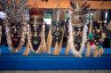 Five Amazon indian masks on display in the jungle near Manaus Brazil.