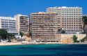 Hotels line the beach in Majorca, Spain.
