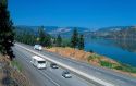 Automobiles travel on Interstate 84 through the Columbia River Gorge in Oregon.