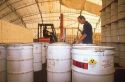 Drums of radioactive nuclear waste are sorted by employees at the Idaho National Engineering Lab in Idaho Falls, Idaho.