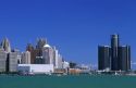 Detroit skyline with the Detroit river in the foreground, Michigan.