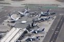 Aerial image of airplanes and runways at LAX airport, Los Angeles, California.