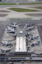 Aerial image of airplanes and runways at LAX airport, Los Angeles, California.