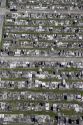 An aerial view of Metarie Cemetery in New Orleans, Louisiana with above ground graves.