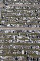 An aerial view of Metarie Cemetery in New Orleans, Louisiana with above ground graves.