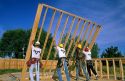 Construction workers lifting a stud wall into place.