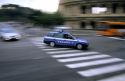 An Italian police car in motion. Rome, Italy.