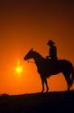 A cowboy on horseback silhouetted at sunset.