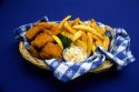 A basket of fish and chips.
