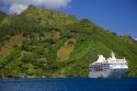 The Paul Gaugin cruise ship anchored in Opunohu Bay on the island of Moorea.