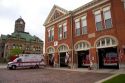 Fire station with fire trucks at Wapakeneta, Ohio.