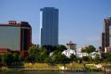 Old Statehouse and modern office buildings along the Arkansas River at Little Rock, Arkansas.