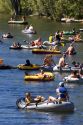 People float the Boise River on rafts and tubes. Boise, Idaho.