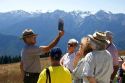 A park ranger talks to visitors at Olympic National Park, Washington.