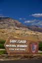The sign at the entrance to the Dinosaur National Monument and fossil bone quarry at Vernal, Utah.