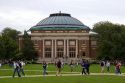 Soelinger Auditorium and students on the campus of the Universit of Illinois at Champaign.