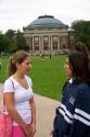 Female students socialize on the campus of the University of Illinois at Champaign.