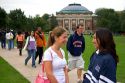 Female students socialize on the campus of the University of Illinois at Champaign.