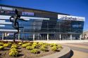 A sculpture and flowers in front of the Scottrade Center in St. Louis, Missouri.