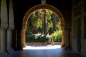 Arched portico of the Main Quadrangle at the campus at Stanford University in Palo Alto, California.