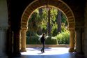 Arched portico of the Main Quadrangle at the campus at Stanford University in Palo Alto, California.