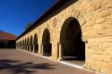 Arched portico of the Main Quadrangle at the campus at Stanford University in Palo Alto, California.