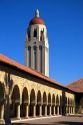 Hoover Tower and the Arched portico of the Main Quadrangle at the campus at Stanford University in Palo Alto, California.