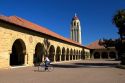 Hoover Tower and the arched portico of the Main Quadrangle at the campus at Stanford University in Palo Alto, California.