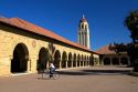 Hoover Tower and the arched portico of the Main Quadrangle at the campus at Stanford University in Palo Alto, California.