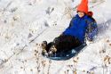 Boy sledding down a snow coverd hill in Idaho. MR